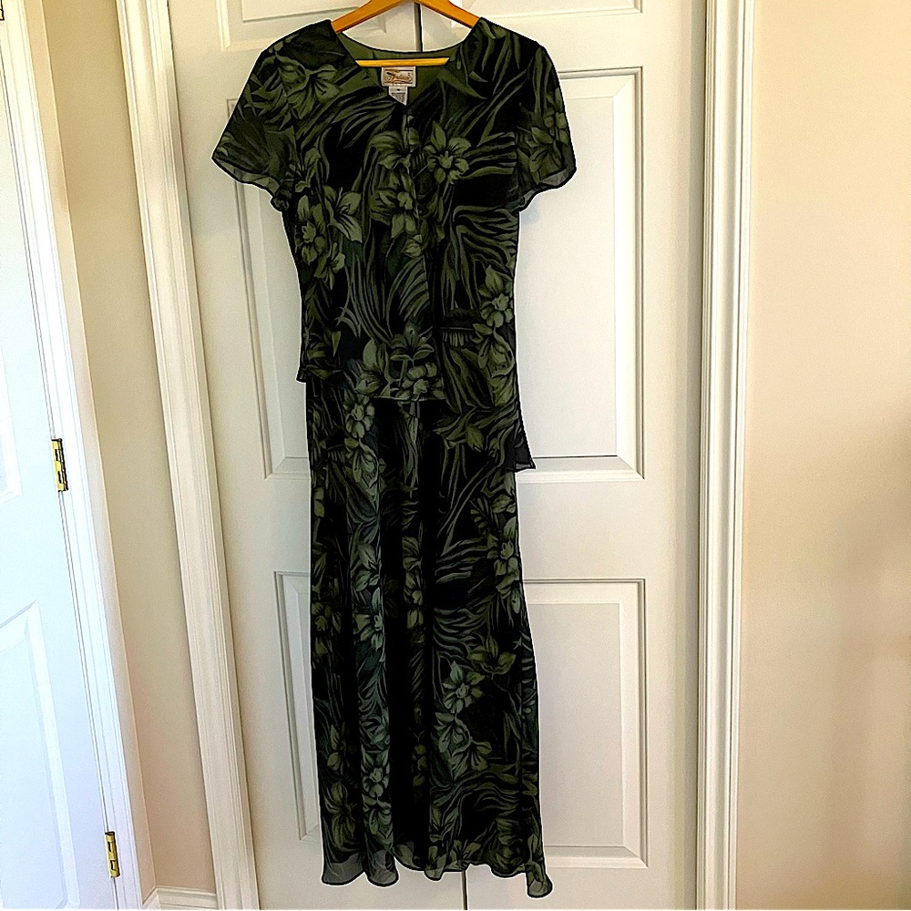 Sears Tradition vintage long dress chiffon flowy floral pattern, green/black - Picture 2 of 13